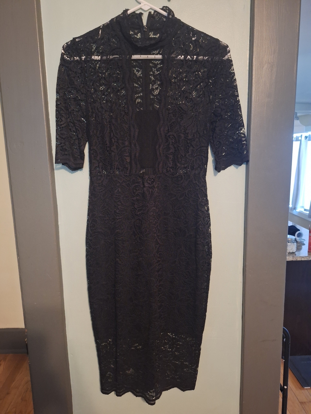 Express Black Lace Midi Dress with High Neck Detail